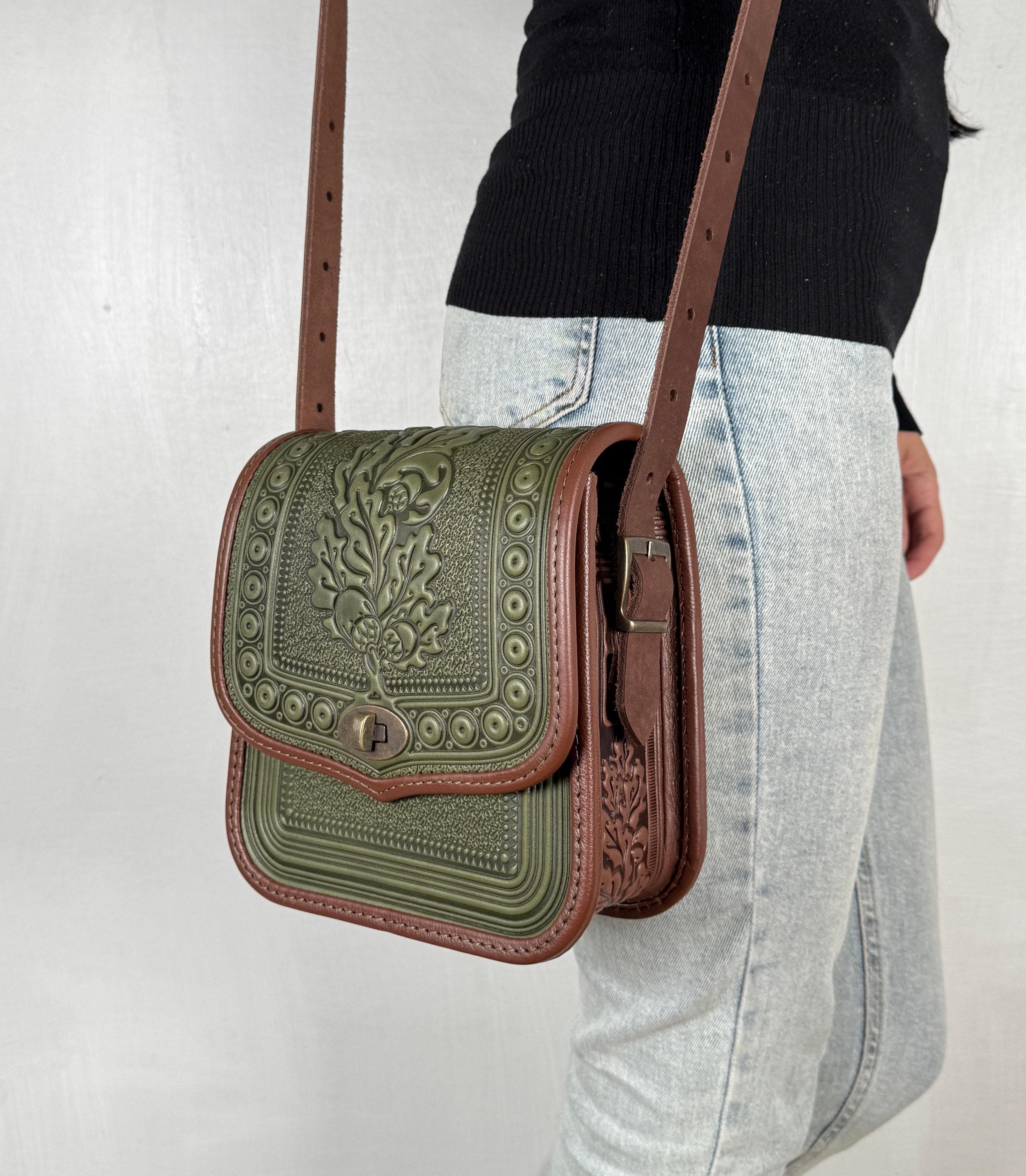 Olive Green+brown Leather Crossbody Bag: Hot Tooled Oak Leaf