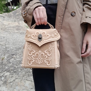 Beige genuine leather backpack, embossed leather backpack, women&#39;s backpack, beige purse, small boho packpack, gift from Ukraine