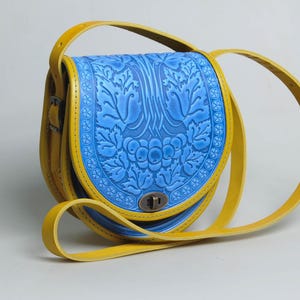 Embossed Leather Crossbody Bag: Blue & Yellow Genuine Calf Leather