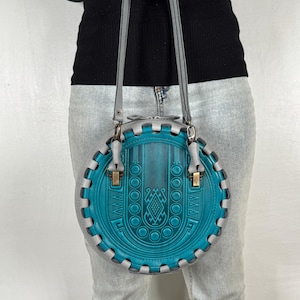 Turquoise-gray genuine leather bag, turquoise/gray round leather purse, top handles bag, shoulder bag, embossed leather purse, crossbody bag