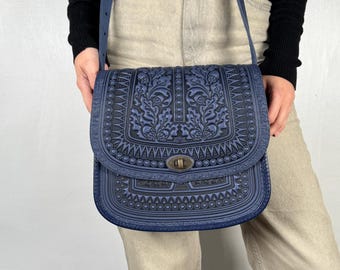 Large Blue Leather Crossbody Bag, Embossed Oak Leaf Purse, Handmade Ukrainian Gift