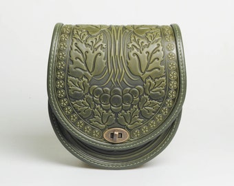 Embossed Olive Green Leather Crossbody Bag