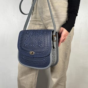 Blue large genuine leather bag, crossbody bag, embossed leather large purse, shoulder bag, blue-gray purse, gift from Ukraine