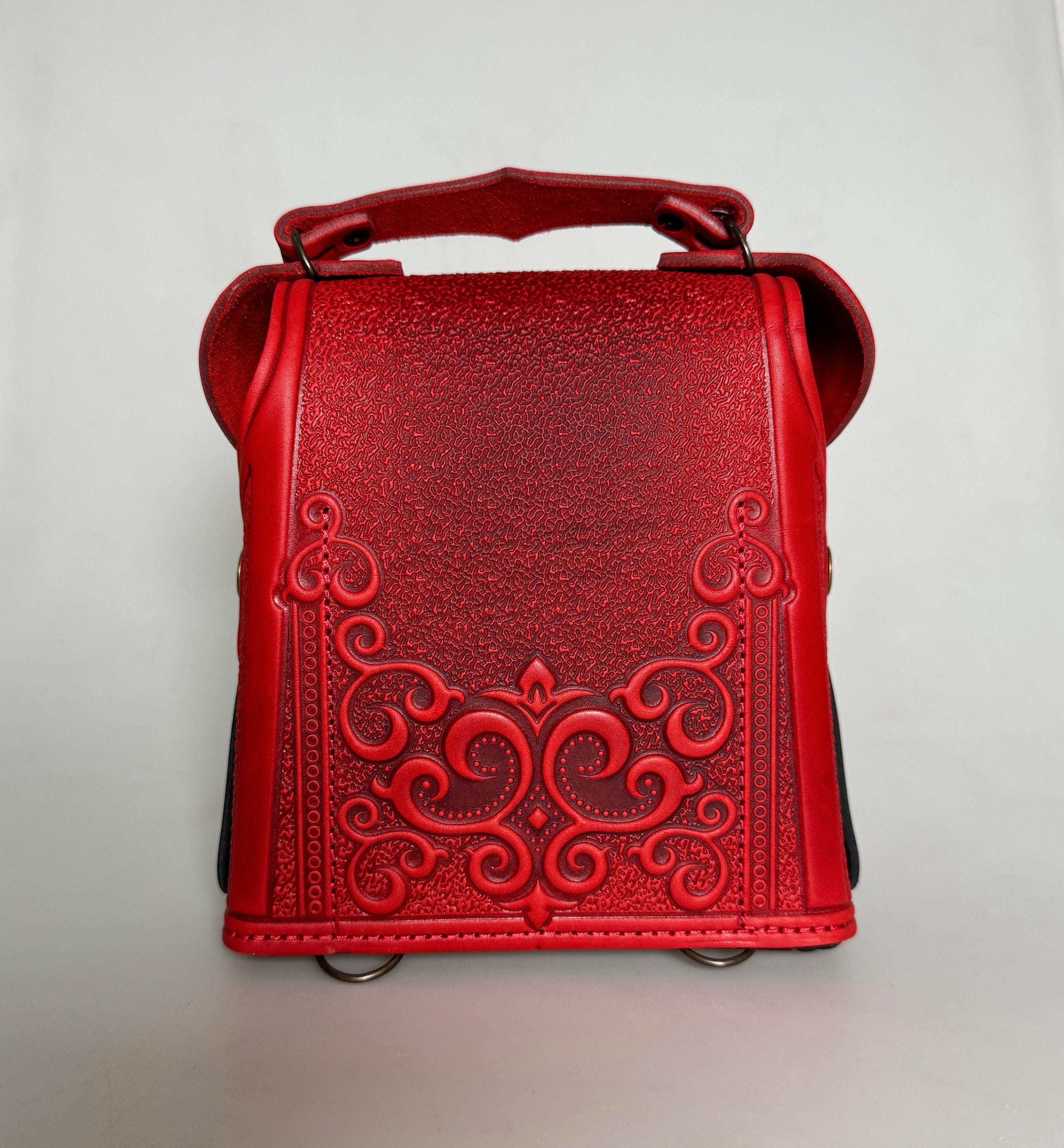 Red and Black Embroidered Mini Backpack Artisan Handmade 100% Leather Embossed Red & Black Leather Backpack, Small Boho Purse  main image 3
