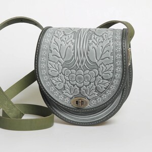 Embossed Leather Crossbody Bag, Gray-Olive Green Genuine Calf Leather