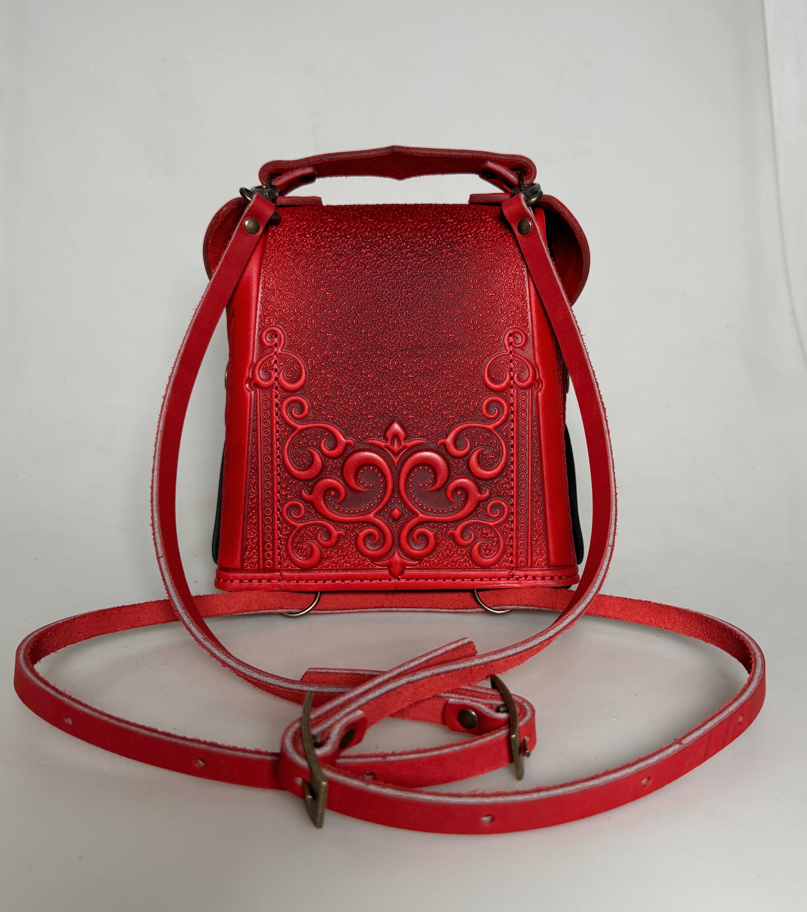 Embossed Red & Black Leather Backpack, Small Boho Purse 
