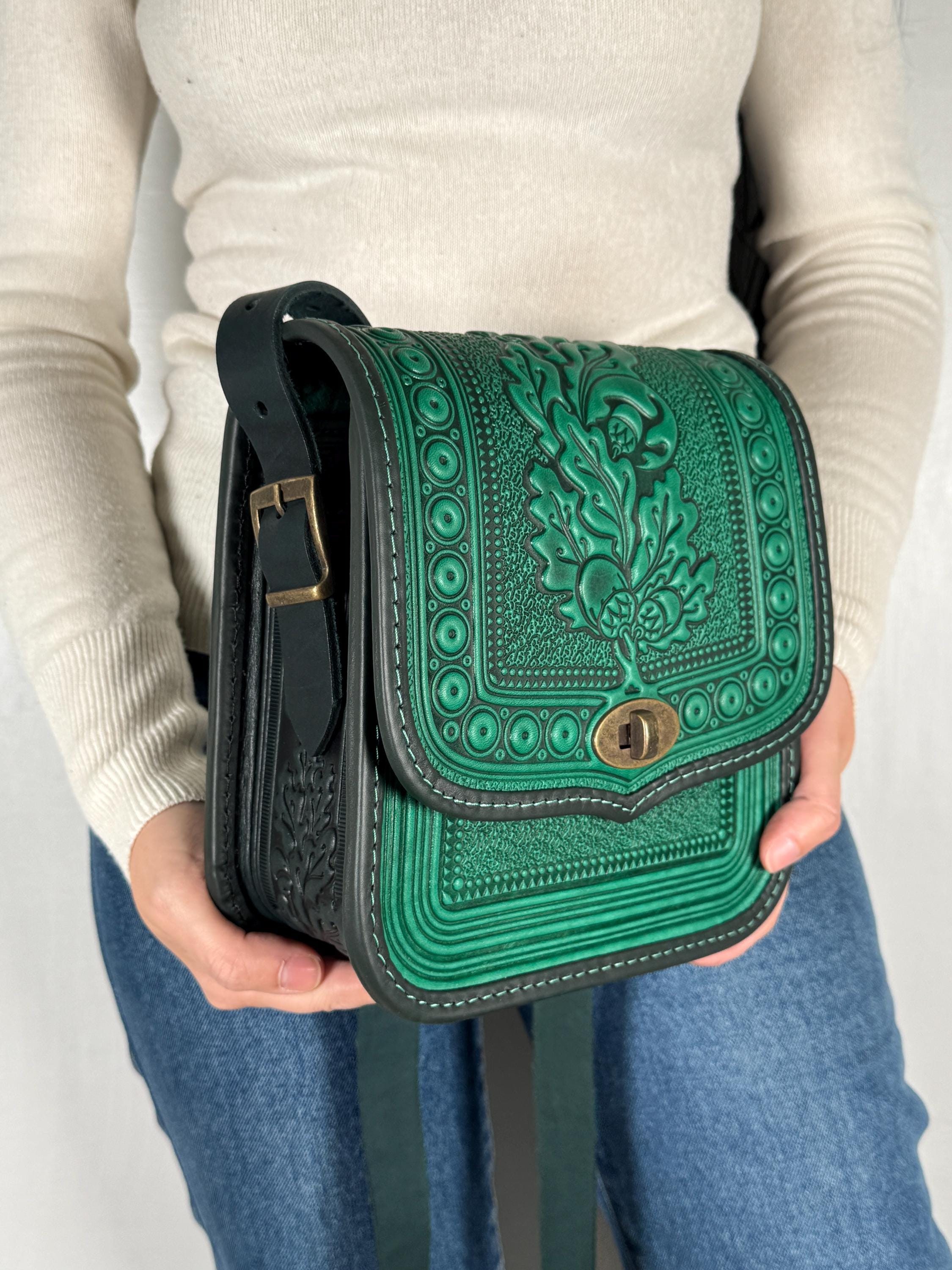 Embossed Light Green+green Leather Crossbody Bag, Handmade Oak