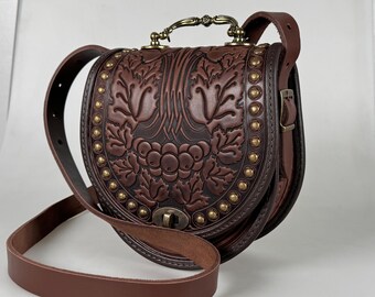 Embossed Leather Shoulder Bag with Metal Handle, Handmade Brown Purse