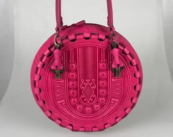 Handmade Pink Leather Round Bag, Embossed Crossbody Purse