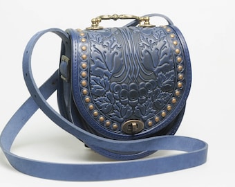 Bolso bandolera de piel repujada, asa metálica, bolso de noche azul hecho a mano