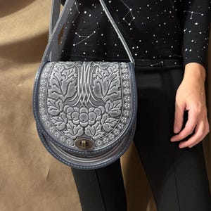 Gray Leather Crossbody Bag, Embossed Floral Purse, Handmade