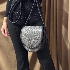 Embossed Leather Crossbody Bag, Handmade Gray+Black Shoulder Bag