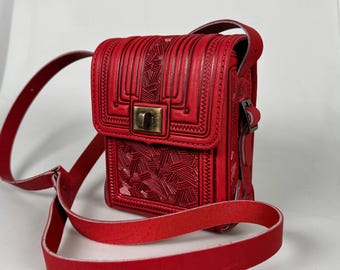Handmade Red Leather Satchel Purse, Small Messenger Bag