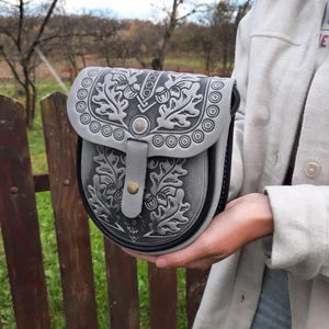 Gray Leather Shoulder Bag, Handmade Tooled Mini Purse