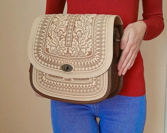 Large Embossed Beige+Brown Leather Crossbody Bag, Handmade Ukrainian Purse