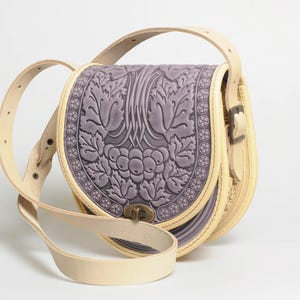 Handmade Embossed Leather Crossbody Bag, Lilac-Beige Calf Leather