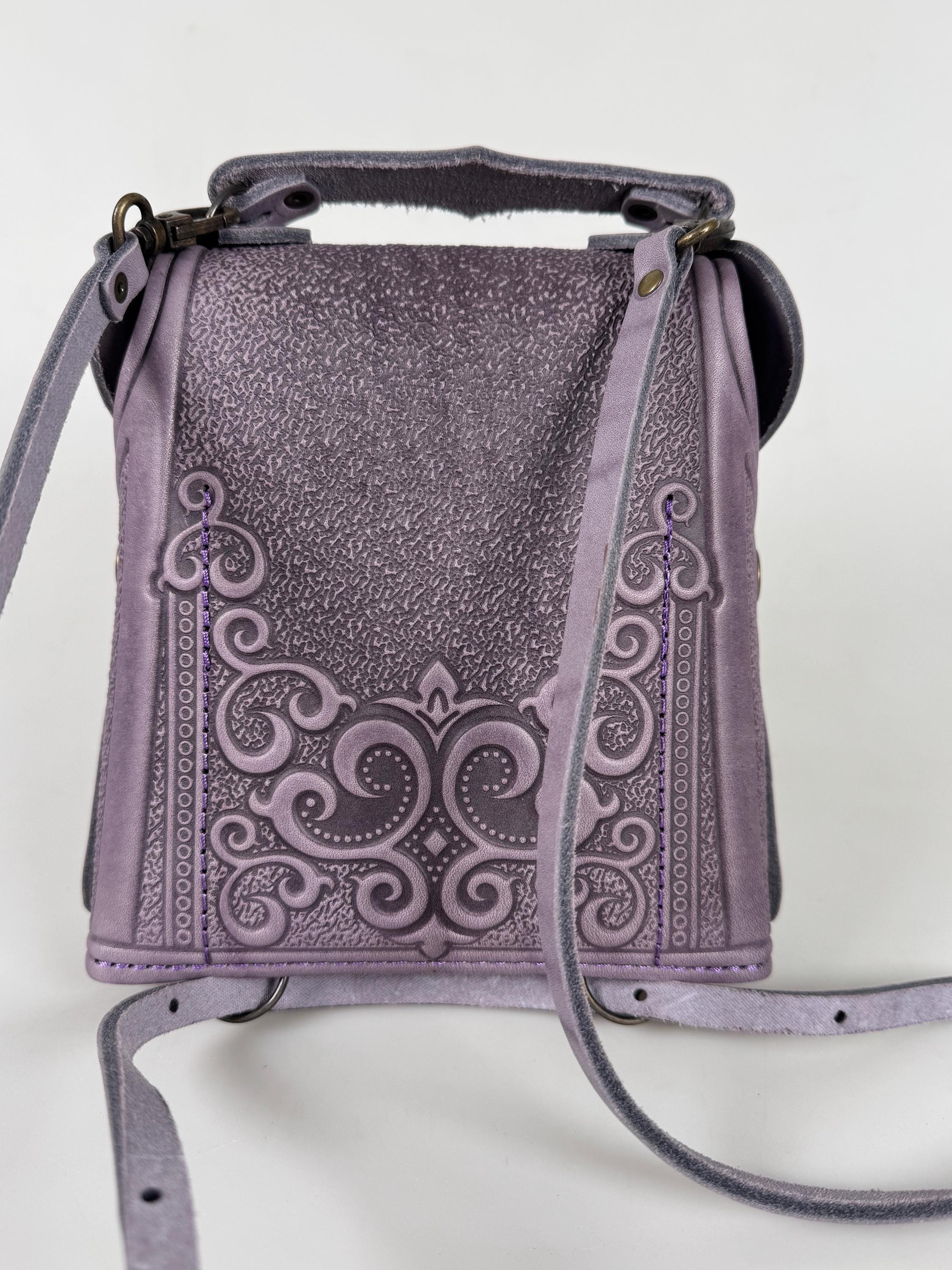 Lilac Embossed Floral Backpack Tote Embossed Lilac+purple Genuine Leather Backpack, Handmade  main image 4