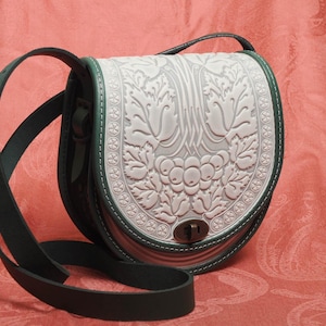 Handmade Embossed Leather Crossbody Bag, White-Green Purse