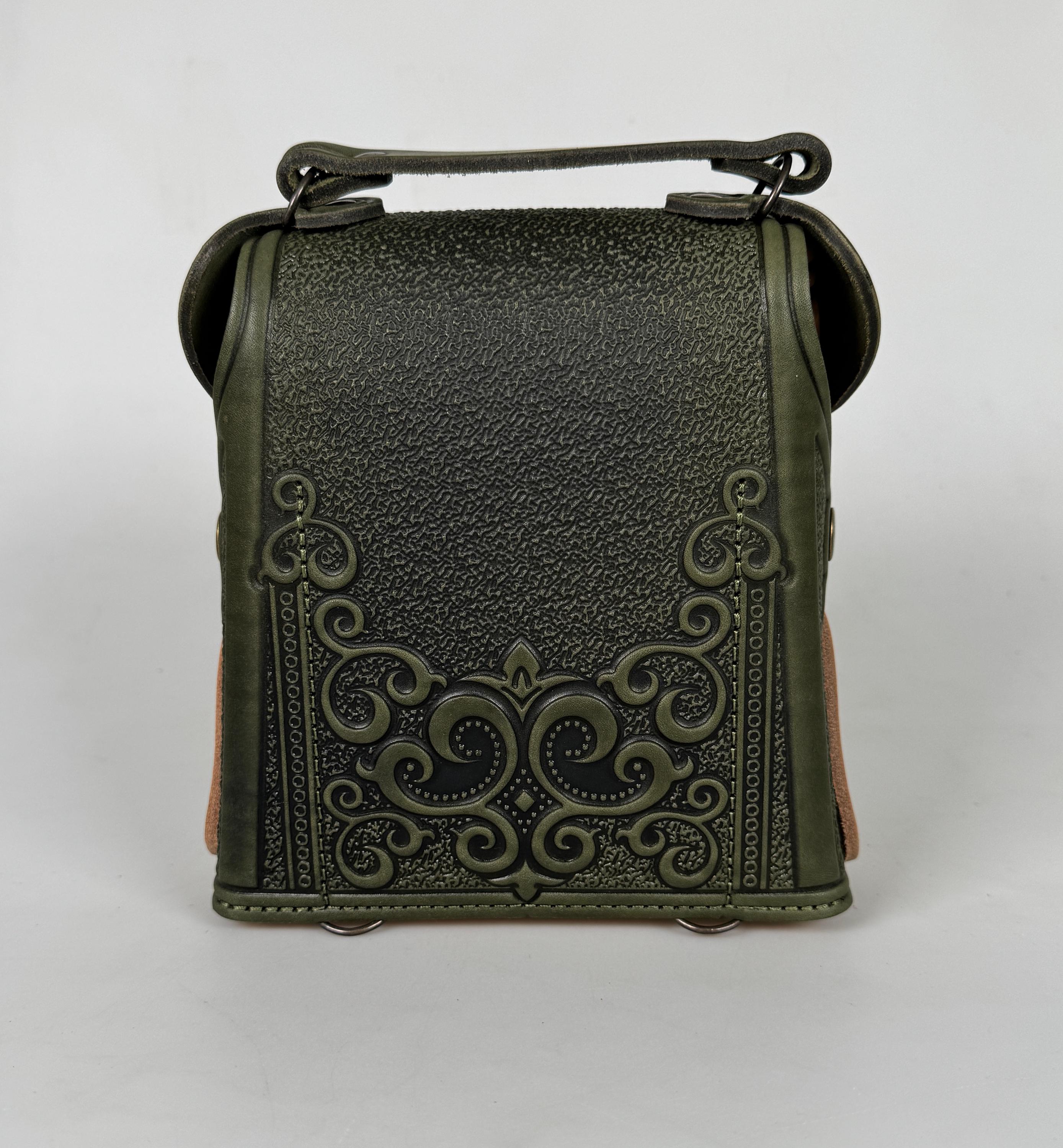 Embossed Leather Mini Backpack, Olive Green+beige Boho Bag 