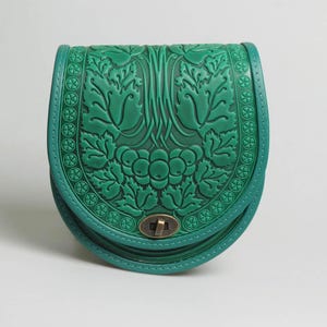 Embossed Green Leather Crossbody Bag, Handmade Calf Leather Purse