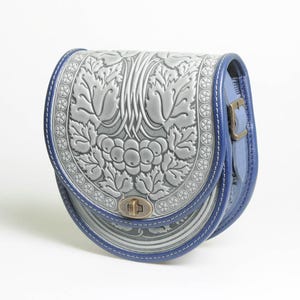 Embossed Leather Crossbody Bag: Gray-Blue Handmade Shoulder Bag