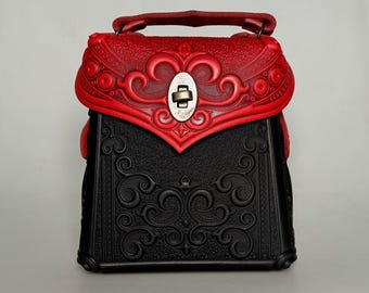 Embossed Red & Black Leather Backpack, Small Boho Purse, Handmade