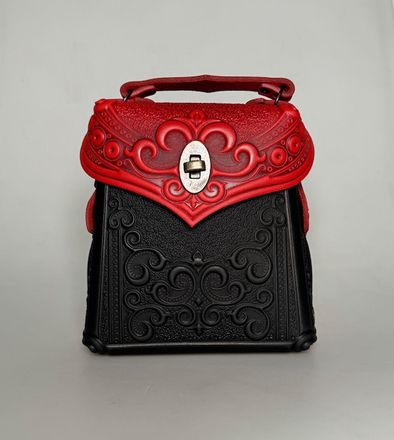 Embossed Red & Black Leather Backpack, Small Boho Purse  display picture 1