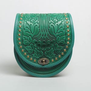 Embossed Green Leather Crossbody Bag, Handmade Metal Accent Purse