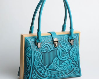 Turquoise leather purse, leather bag with wooden frame, evening purse, embossed bag, gift from Ukraine