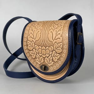 Embossed Leather Crossbody Bag, Beige and Blue, Handmade