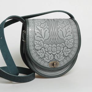 Embossed Gray-Green Leather Crossbody Bag, Handmade Calf Leather