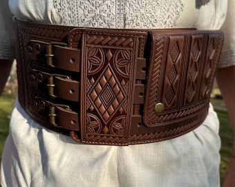 Wide costume leather belt, wide men&#39;s corset belt, leather viking belt, brown wide leather belt