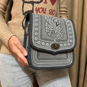 Gray genuine leather bag, embossed leather purse, crossbody bag, shoulder bag, gray leather purse, gift from Ukraine