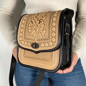 Handmade Beige+Black Embossed Leather Crossbody Bag, Oak Leaf Design