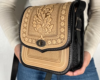 Handmade Beige+Black Embossed Leather Crossbody Bag, Oak Leaf Design