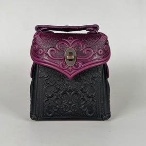 Purple-black genuine leather backpack, embossed leather backpack, small boho packpack, purple purse, women&#39;s backpack, gift from Ukraine