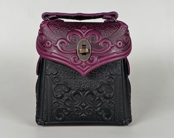 Purple-black genuine leather backpack, embossed leather backpack, small boho packpack, purple purse, women&#39;s backpack, gift from Ukraine