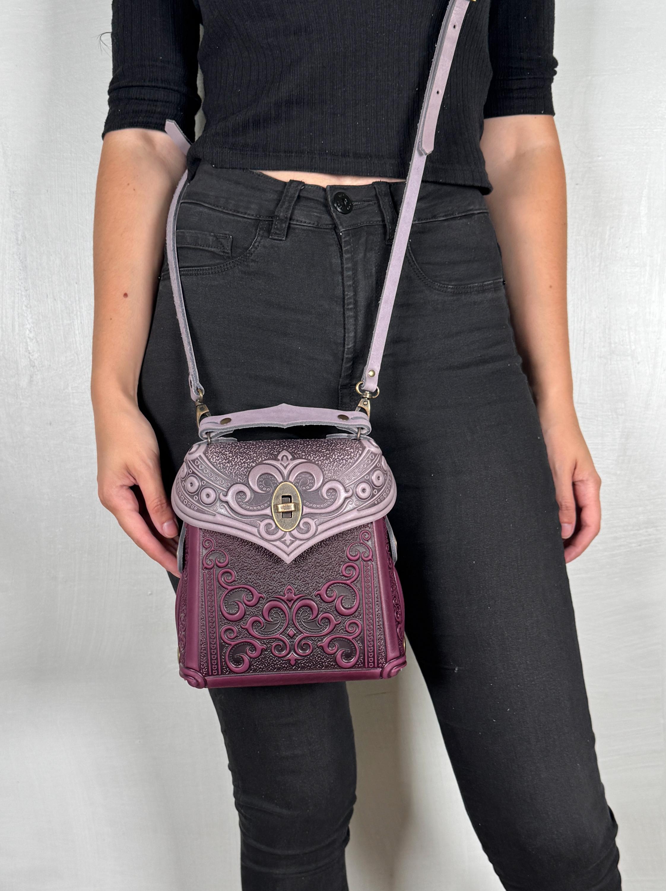 Embossed Lilac+purple Genuine Leather Backpack, Handmade 