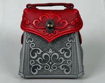 Embossed Genuine Leather Backpack, Red & Gray Small Boho Purse