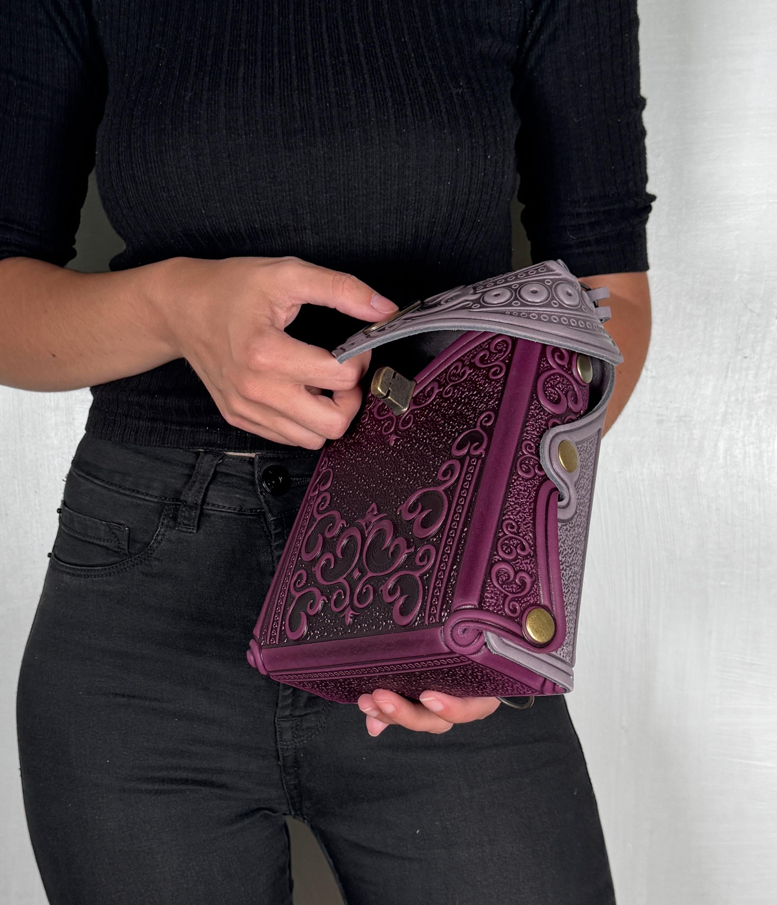 Embossed Lilac+purple Genuine Leather Backpack, Handmade 