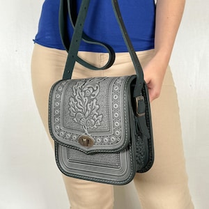 Gray-green genuine leather bag, embossed leather purse, crossbody bag, shoulder bag, gray+green leather purse, gift from Ukraine