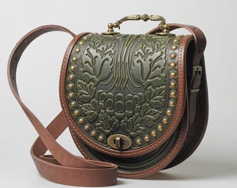Handmade Embossed Leather Crossbody Bag, Metal Handle, Olive Green+Brown Purse
