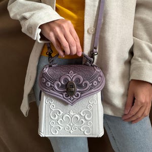 Lilac-white genuine leather backpack, embossed leather backpack, women&#39;s backpack, lilac-white purse, small boho packpack, gift from Ukraine