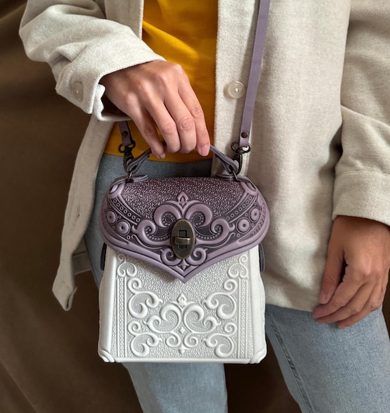Embossed Leather Backpack, Lilac & White Genuine Calf  display picture 1