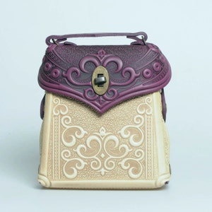 Purple genuine leather backpack, embossed leather backpack, small boho packpack, purple+beige purse, women&#39;s backpack, gift from Ukraine