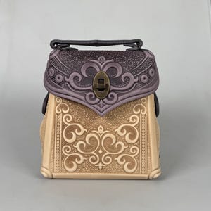Lilac-beige genuine leather backpack, embossed leather backpack, women&#39;s backpack,small boho packpack, lilac leather purse,gift from Ukraine