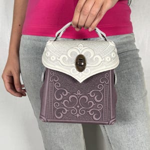 White+lilac genuine leather backpack, embossed leather backpack, women&#39;s backpack, white purse, small boho packpack, gift from Ukraine