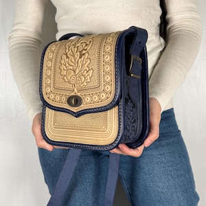 Embossed Beige-Blue Leather Crossbody Bag, Oak Leaf, Handmade