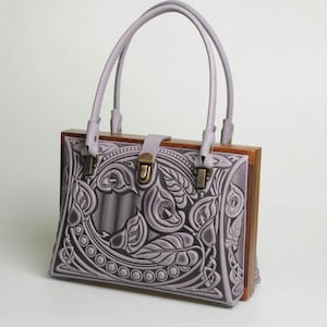 Lilac leather purse, lilac evening purse, embossed bag, leather bag with wooden frame, gift from Ukraine