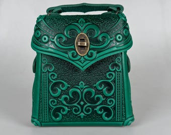 Embossed Light Green Leather Backpack, Small Boho Purse